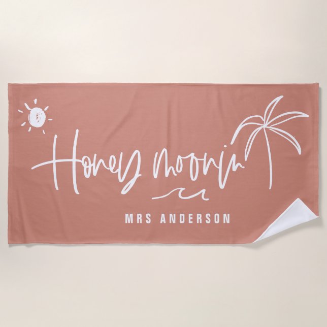 Honeymoonin' palm tree wedding gift beach towel (Front)