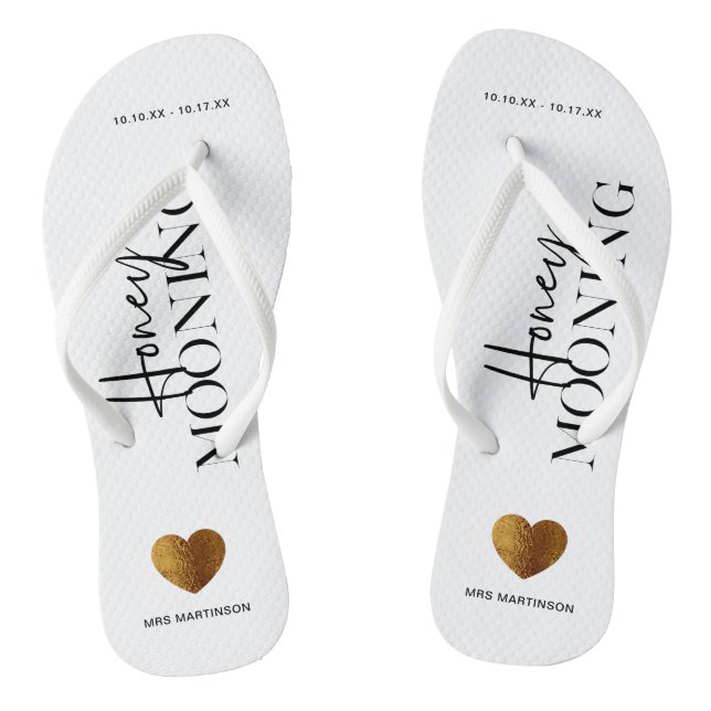 Honeymooning Black and White with Name and Dates Thongs (Footbed)