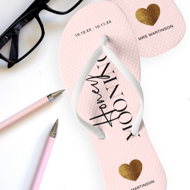 Honeymooning Blush Pink with Name and Dates Thongs (Creator Uploaded)