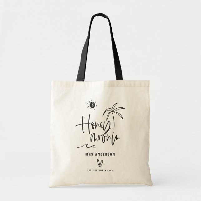 Honeymooning palm tree wedding gift beach tote bag (Front)