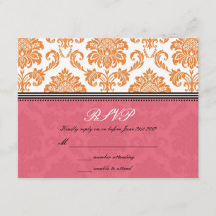 Honeysuckle and Tangerine Damask Wedding RSVP Card
