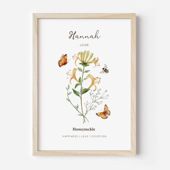 Honeysuckle Birth Month Flower Poster (Example of honeysuckle birth flower poster once framed. )