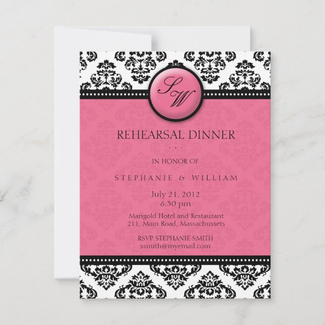 Honeysuckle Damask Monogram Rehearsal Dinner Card (Front)
