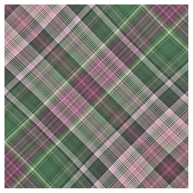 Honeysuckle pink and dark green tartan fabric (Close Up)