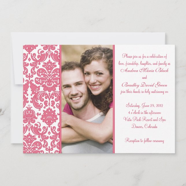 Honeysuckle Pink Damask Photo Wedding Invitation (Front)