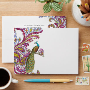Honeysuckle Pink Vintage Peacock Wedding Envelopes
