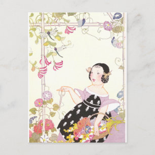 Honeysuckle Vine and Girl with Cut Flowers Postcard