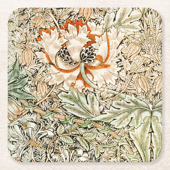 Honeysuckle, William Morris Square Paper Coaster (Front)
