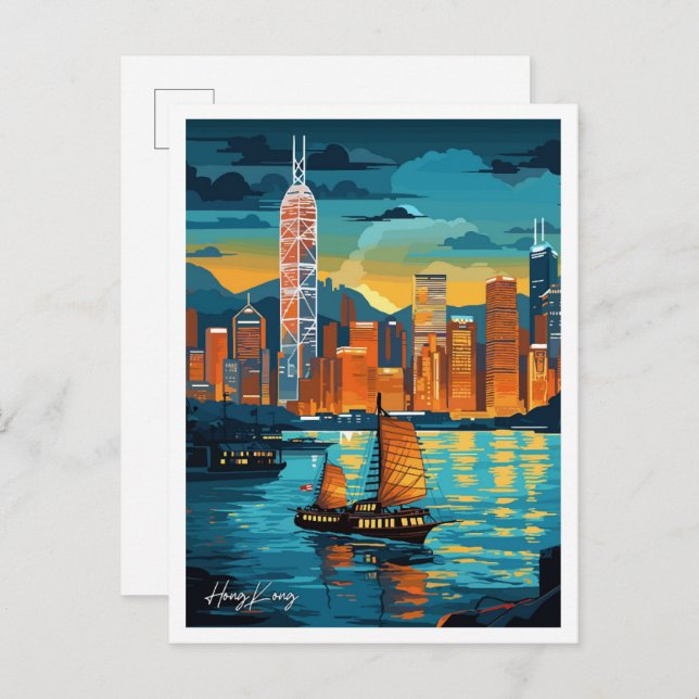 Hong Kong Art Vintage Travel Illustration Postcard (Front/Back)