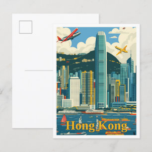 Hong Kong China Art Vintage Travel Illustration Postcard