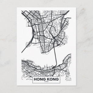 Hong Kong, China   Black and White City Map Postcard
