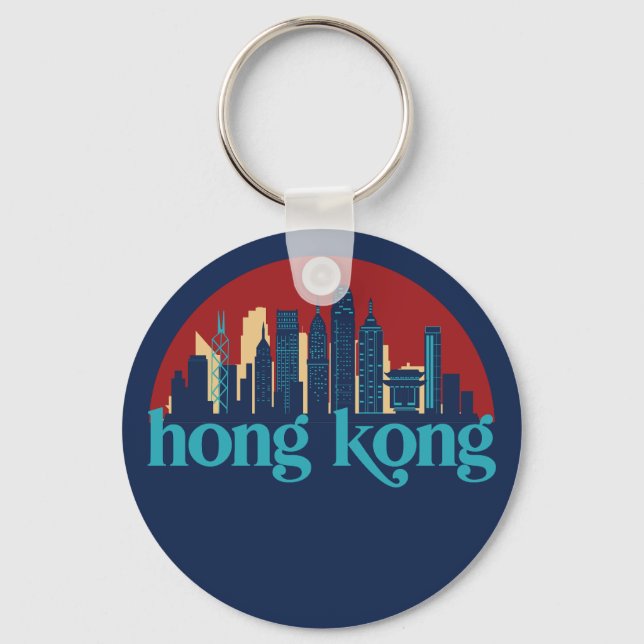 Hong Kong China Retro City Skyline Cityscape Art Key Ring (Front)