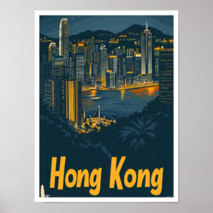 Hong Kong China Vintage Travel Illustration Poster