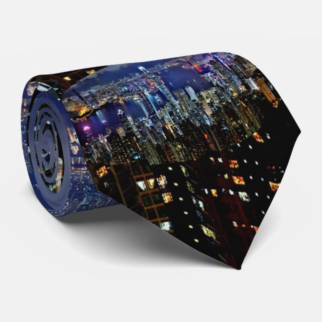Hong Kong City Skyline Lights at Night Tie (Rolled)
