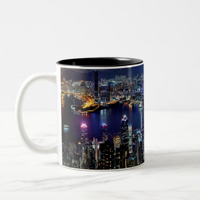 Hong Kong City Skyline Lights at Night Two-Tone Coffee Mug (Left)