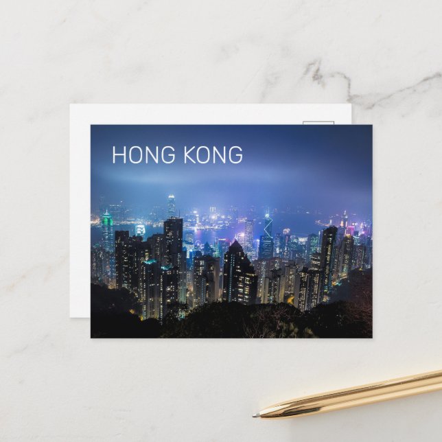 Hong Kong Island Skyline Panorama Night Souvenir Holiday Postcard (Front/Back In Situ)