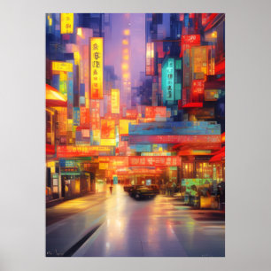 Hong Kong Neon Lights Colourful Cityscape Poster