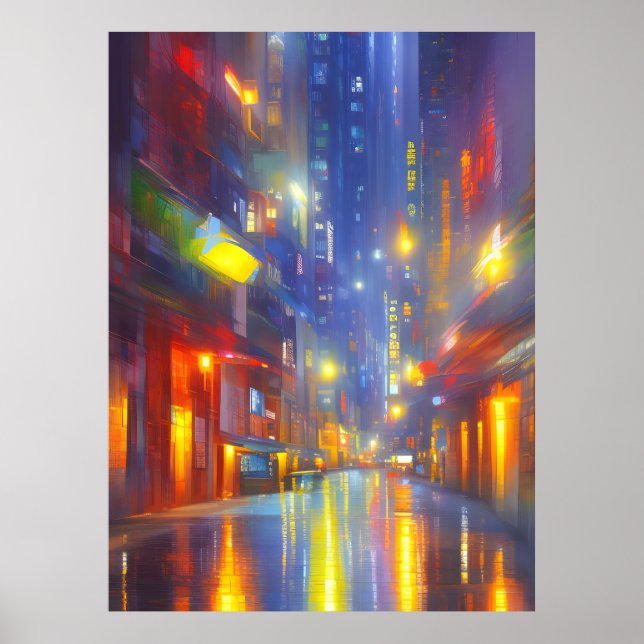 Hong Kong Neon Lights Colourful Cityscape Poster (Front)