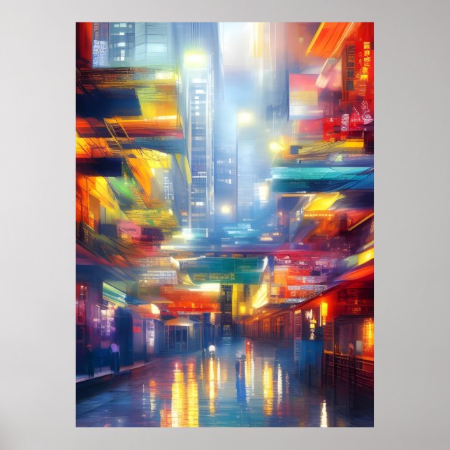 Hong Kong Neon Lights Colourful Cityscape Poster (Front)