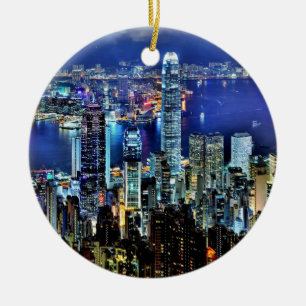Hong Kong night skyline Ceramic Tree Decoration