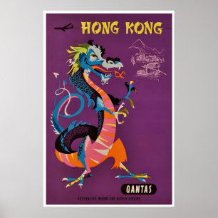 Hong Kong Print Dragon Art Qantas Airlines Travel