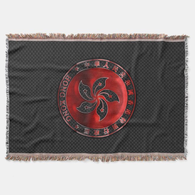 Hong Kong Ruby Medallion on Carbon Fibre Print Throw Blanket (Front)