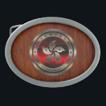 Hong Kong Ruby Seal on Mahogany Print Oval Belt Buckle<br><div class="desc">A Hong Kong seal orchid flower symbol chrome like ruby fire inlay on a mahogany style wood grain print background offered on this fine custom gift to make for yourself or for someone special on your list.</div>