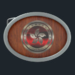 Hong Kong Ruby Seal on Mahogany Print Oval Belt Buckle<br><div class="desc">A Hong Kong seal orchid flower symbol chrome like ruby fire inlay on a mahogany style wood grain print background offered on this fine custom gift to make for yourself or for someone special on your list.</div>