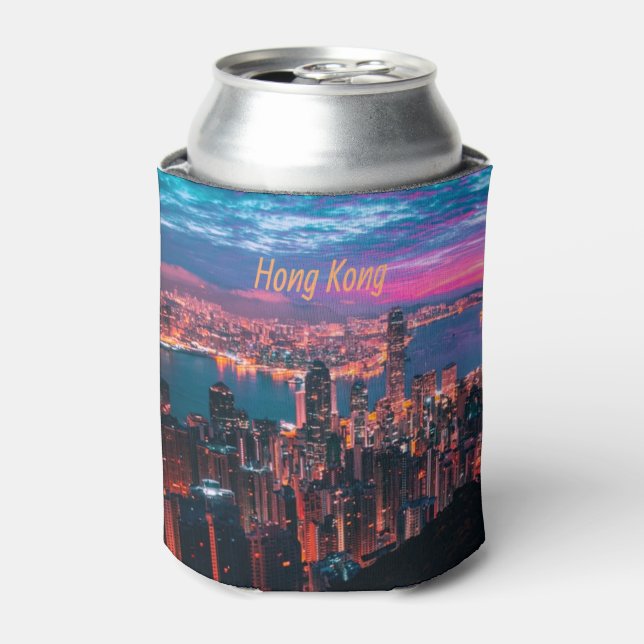Hong Kong Skyscraper Skyline Night Lights Can Cooler (Can Front)