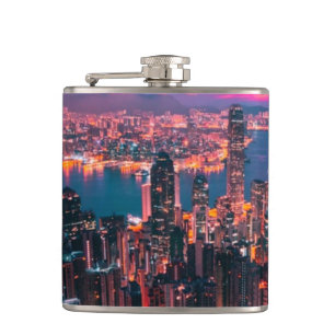 Hong Kong Skyscraper Skyline Night Lights Hip Flask