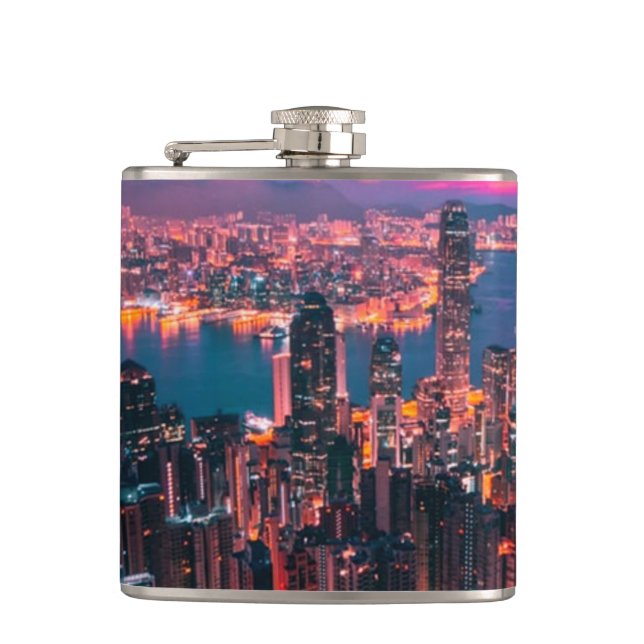 Hong Kong Skyscraper Skyline Night Lights Hip Flask (Front)