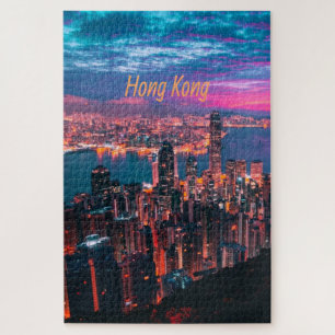 Hong Kong Skyscraper Skyline Night Lights Jigsaw Puzzle