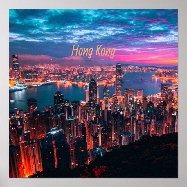 Hong Kong Skyscraper Skyline Night Lights Poster (Front)