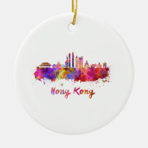 Hong Kong V2 skyline in watercolor Ceramic Tree Decoration