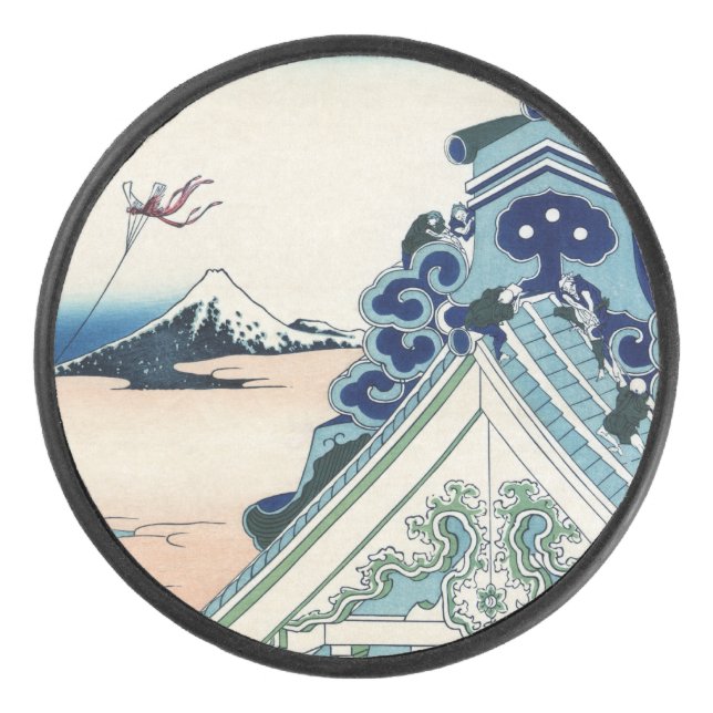 Honganji Temple Vista of Mt. Fuji Japanese Woodcut Hockey Puck (Front)