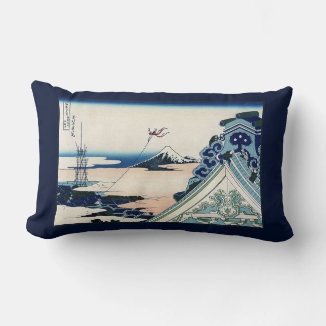 Honganji Temple Vista of Mt. Fuji Japanese Woodcut Lumbar Cushion (Front)