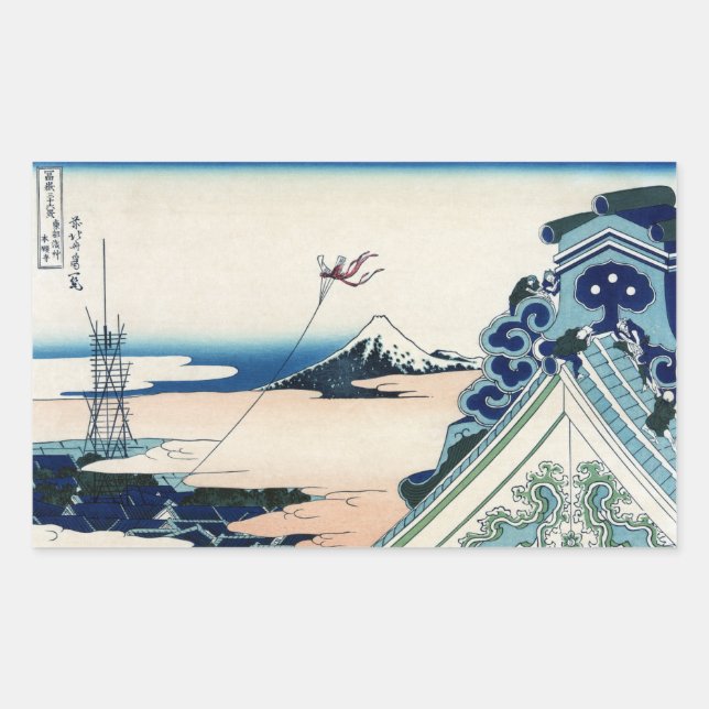 Honganji Temple Vista of Mt. Fuji Japanese Woodcut Rectangular Sticker (Front)