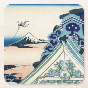 Honganji Temple Vista of Mt. Fuji Japanese Woodcut Square Paper Coaster
