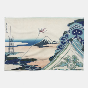 Honganji Temple Vista of Mt. Fuji Japanese Woodcut Tea Towel