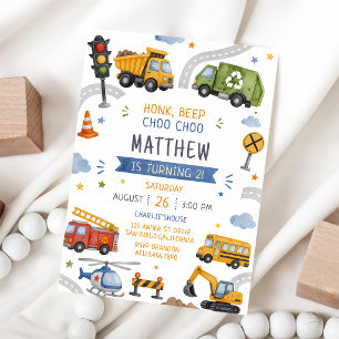 Honk Beep Choo Choo Trucks Cars 1st Birthday Invitation