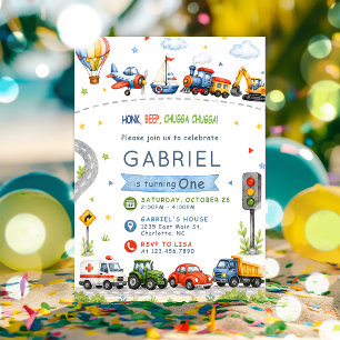 Honk, Beep, Chugga Chugga Transportation Birthday Invitation