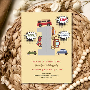 Honk beep toot retro vehicles boy birthday invitation