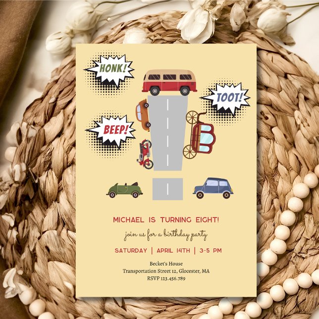Honk beep toot retro vehicles racing boy birthday invitation (Creator Uploaded)