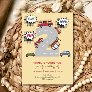 Honk beep toot retro vehicles second boy birthday invitation