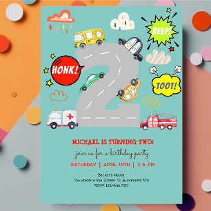 Honk beep toot vehicles boy birthday invitation