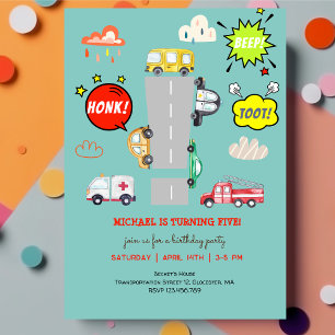 Honk beep toot vehicles boy birthday invitation
