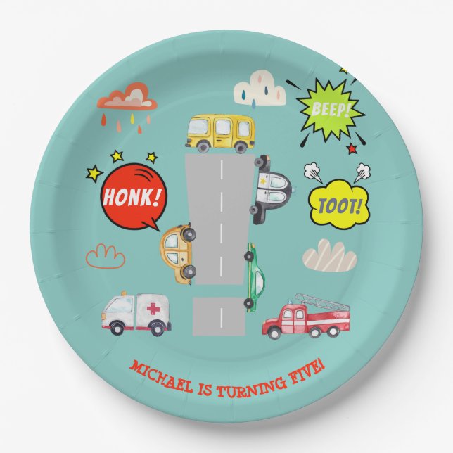 Honk beep toot vehicles boy birthday paper plate (Front)