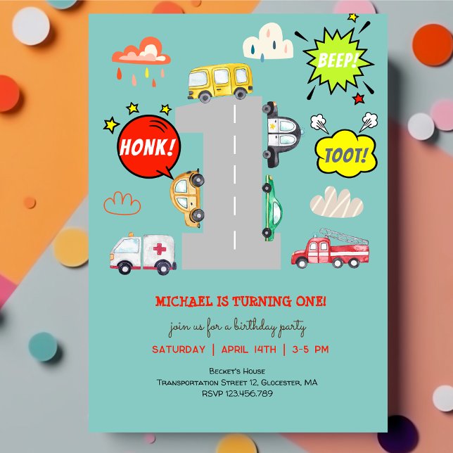 Honk beep toot vehicles first boy birthday invitation (Creator Uploaded)