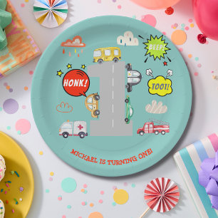 Honk beep toot vehicles first boy birthday paper plate