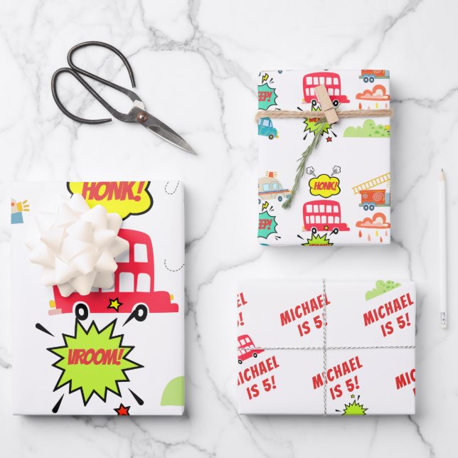 Honk beep vroom happy vehicles boy birthday wrapping paper sheet (Front)